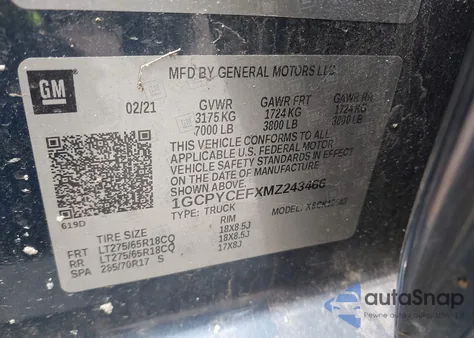 2021 Chevrolet Silverado 1500 4Wd Short Bed Custom Trail Boss z USA, uszkodzony, nr VIN 1GCPYCEFXMZ243466